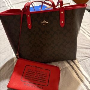Coach Signature Brown Tote with Red Accents